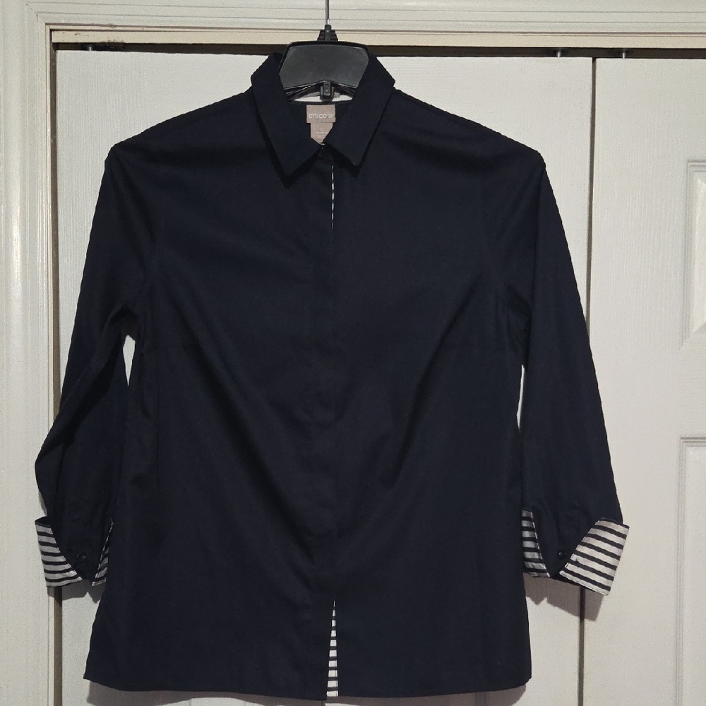 Chico's Dark Blue Button Down Shirt with Striped Accents New With Tags
